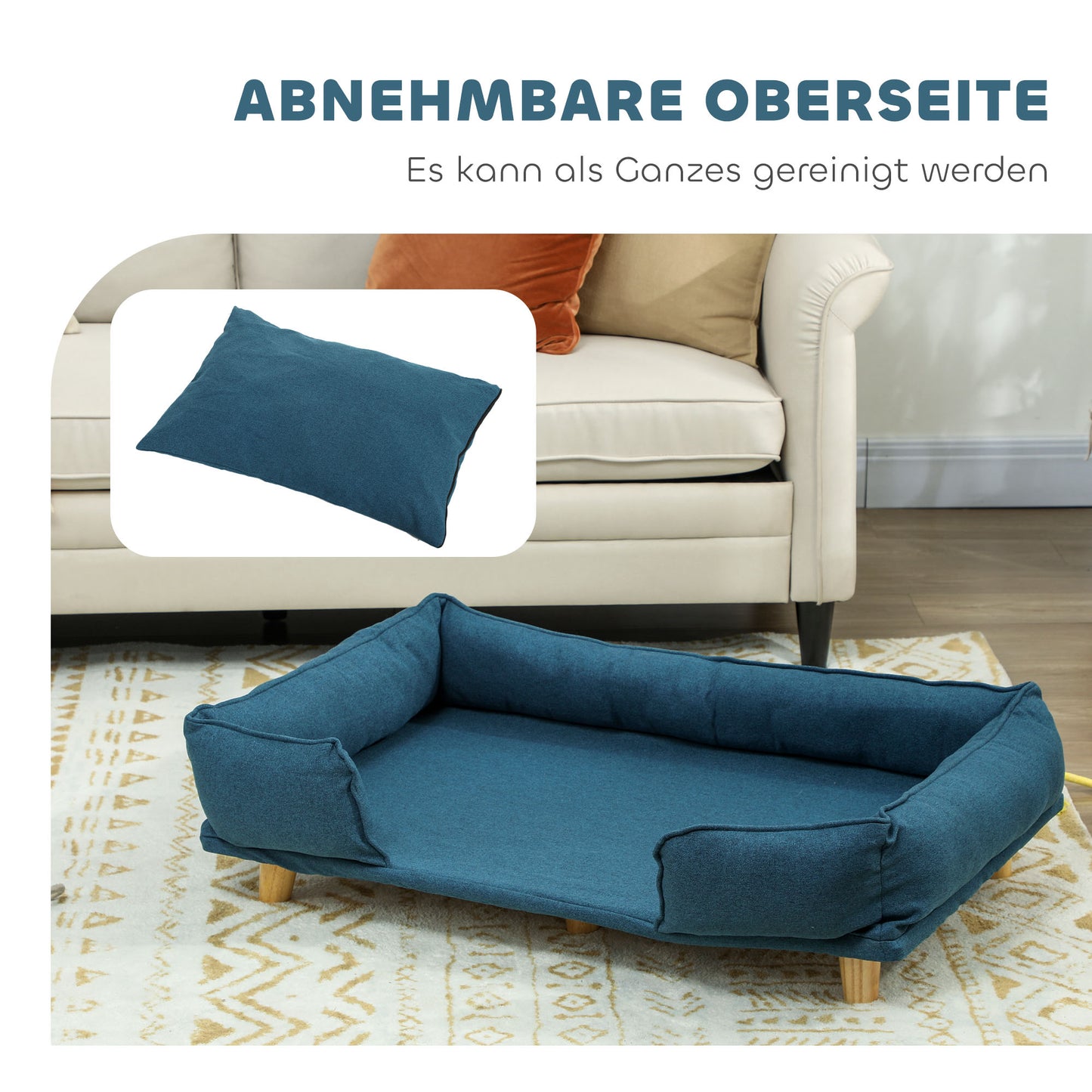 Hondenmand – Hondenbankje – Hondenbed – Huisdier Sofa – Afneembaar Kussen – Donkerblauw – Verhoogde Houten Pootjes – 96x66x24 cm