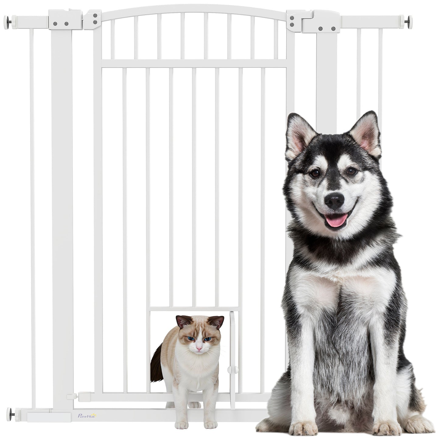 Hondhekje – Huisdiervoorheining – Traphekje – Afsluithek – Dierenhek – Verstelbaar 76-104 cm – Dubbel Veilig Slot – Met Kattenklep – Wit – Stalen Behuizing