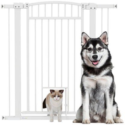 Hondhekje – Huisdiervoorheining – Traphekje – Afsluithek – Dierenhek – Verstelbaar 76-104 cm – Dubbel Veilig Slot – Met Kattenklep – Wit – Stalen Behuizing