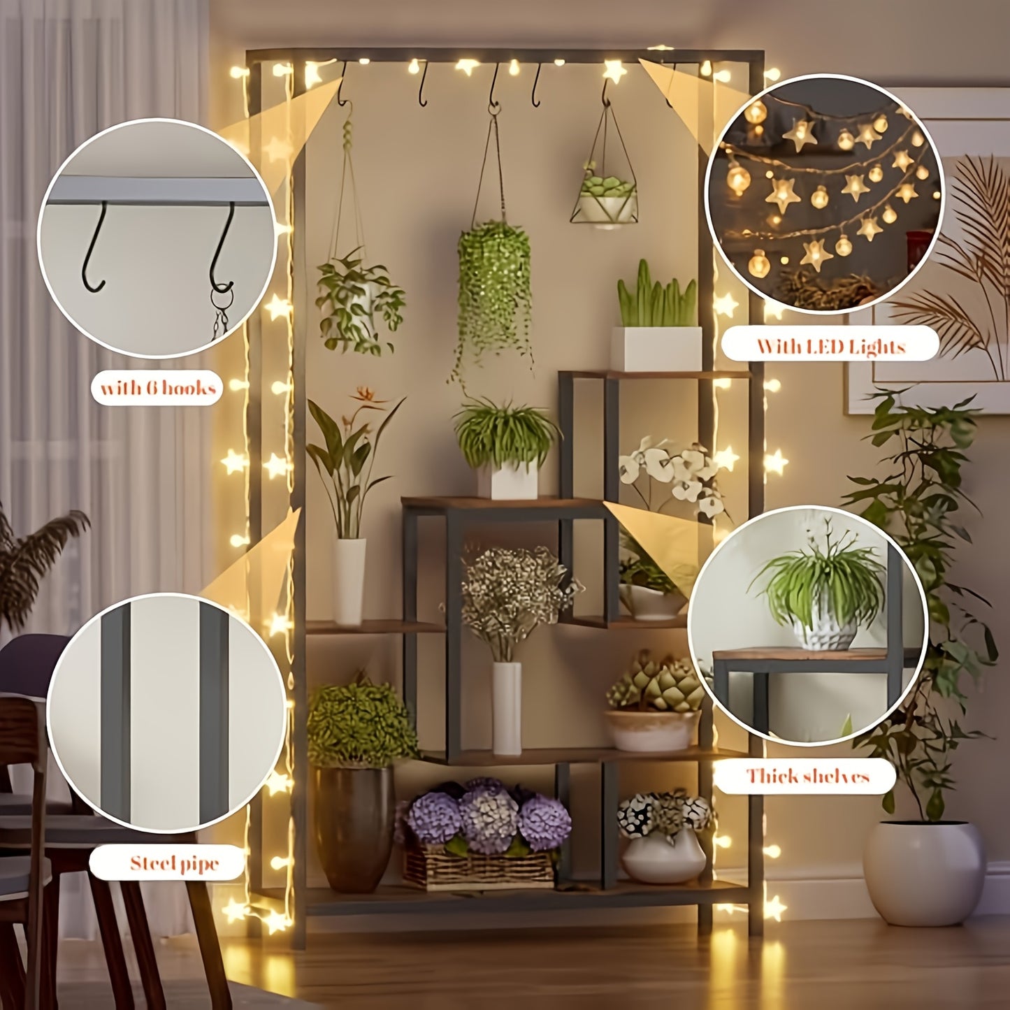 Plantenrek – Plantenstandaard – Bloemenrek – Plantentrap – Plantentafel – 179 cm Hoog – 5-Lagen Hout Met 6 S-Haken – Geschikt Voor Binnen & Buiten