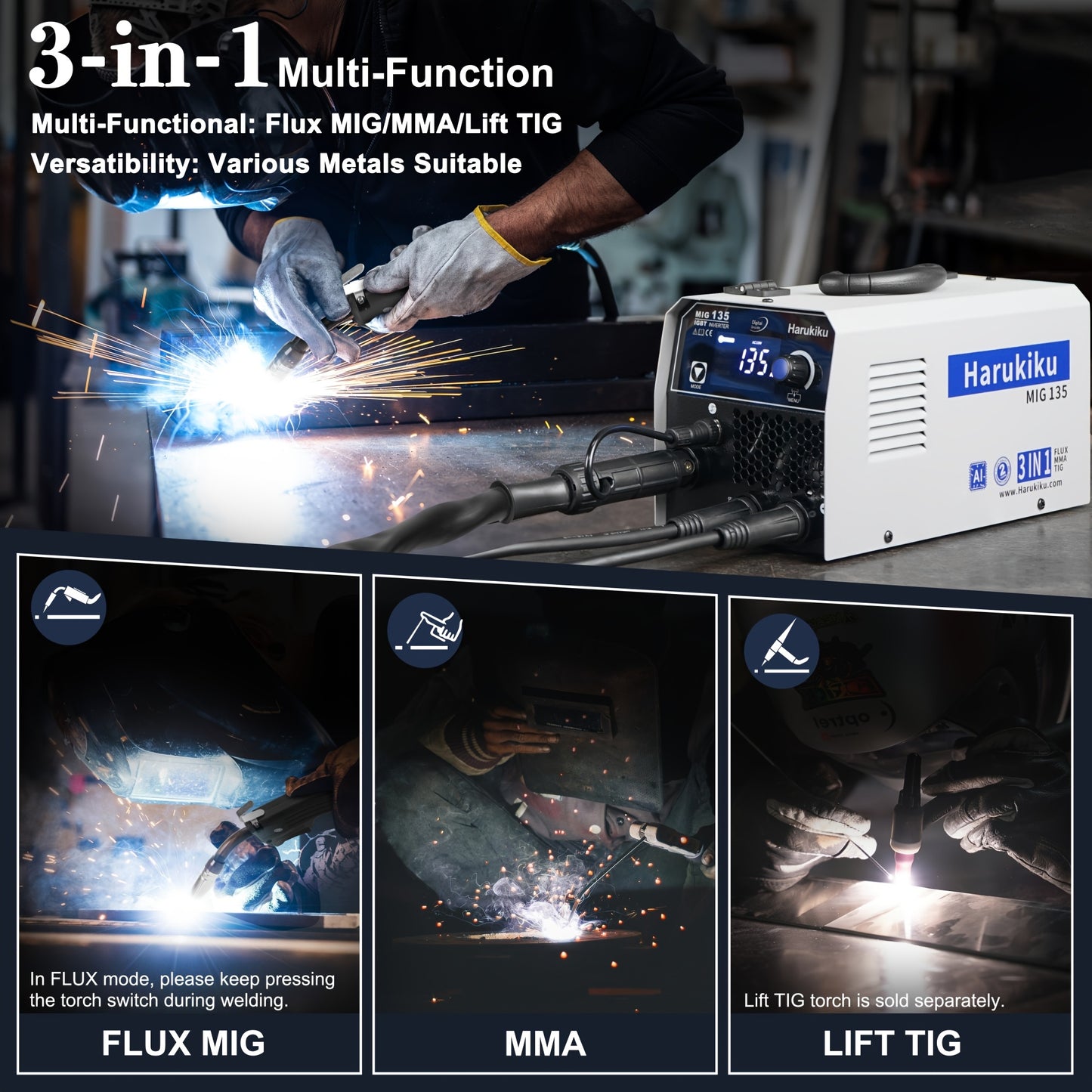 Lasapparaat – MIG-lasapparaat – TIG-lasapparaat – Elektrode lasmachine – 3-in-1 Lasser – Gasloos Flux Core – 130A Sterk – AI Lassistent