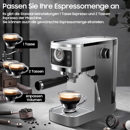 Espressomachine – Koffiezetapparaat – Koffiemachine – Halfautomaat – Compacte Espressoapparaat – 20 Bar Pomp – Roestvrijstalen Melkschuimer – 1350W Vermogen – 1,3L Waterreservoir