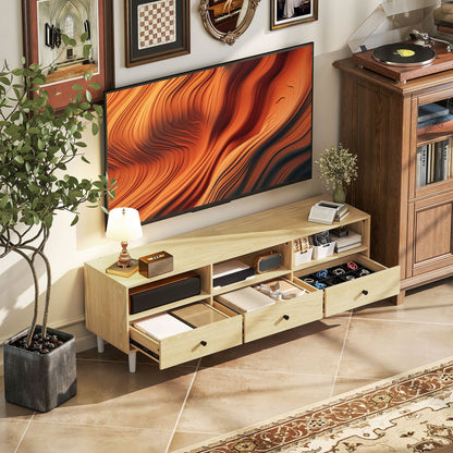 Tv-meubel – Televisiekast – Mediameubel – TV Kast – TV Dressoir – Houtlook Spaanplaat – 140x34x45 cm – Kabelbeheer – 3 Laden & 3 Open Vakken