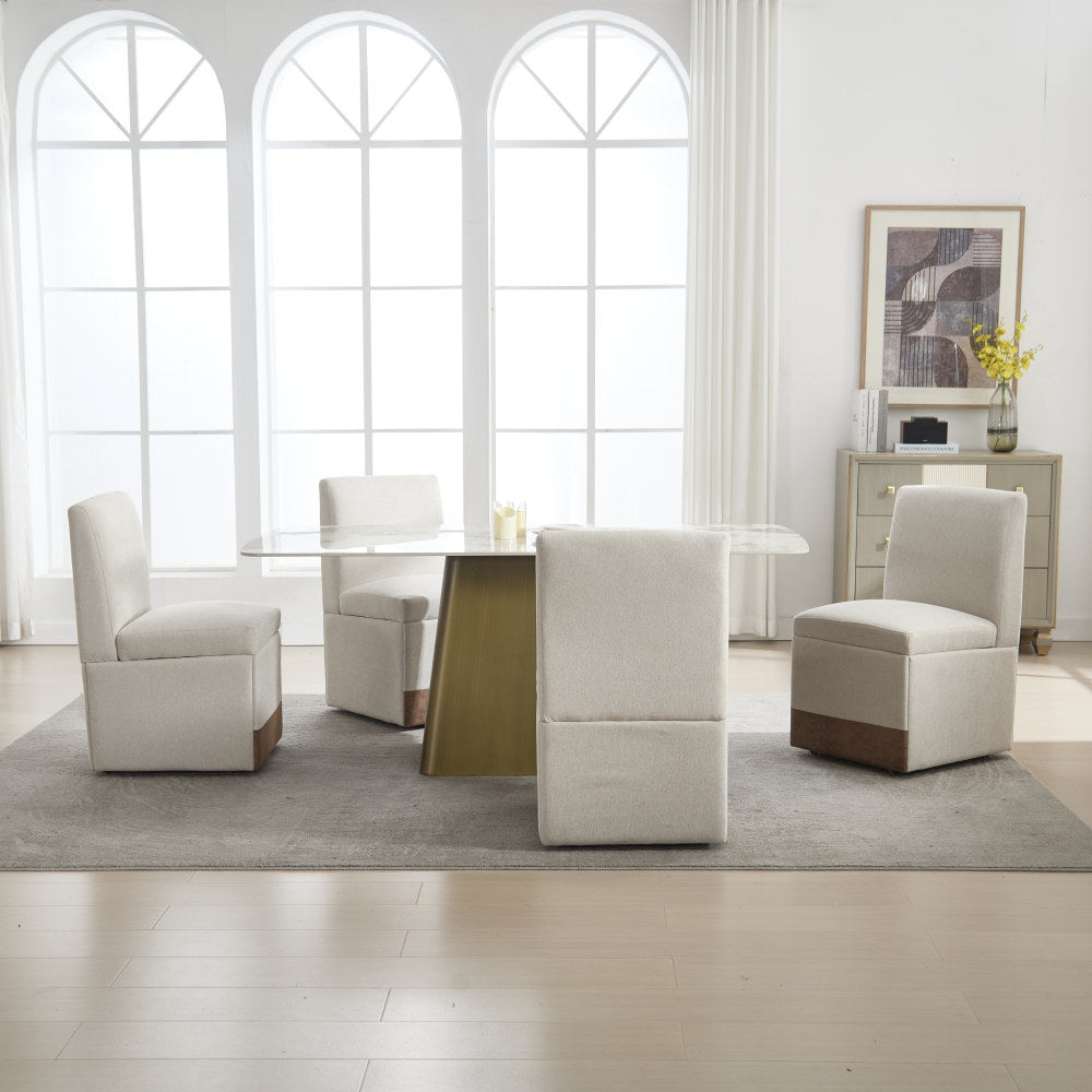 Draaibare Eetkamerstoelen – Eetkamerstoelen – Bureaustoelen – Stoelen Met Wieltjes – Armloze Stoelen – Beige Linnen Bekleding – 360° Draaibaar Met Opbergruimte – Stevig Metalen Frame Tot 113 kg