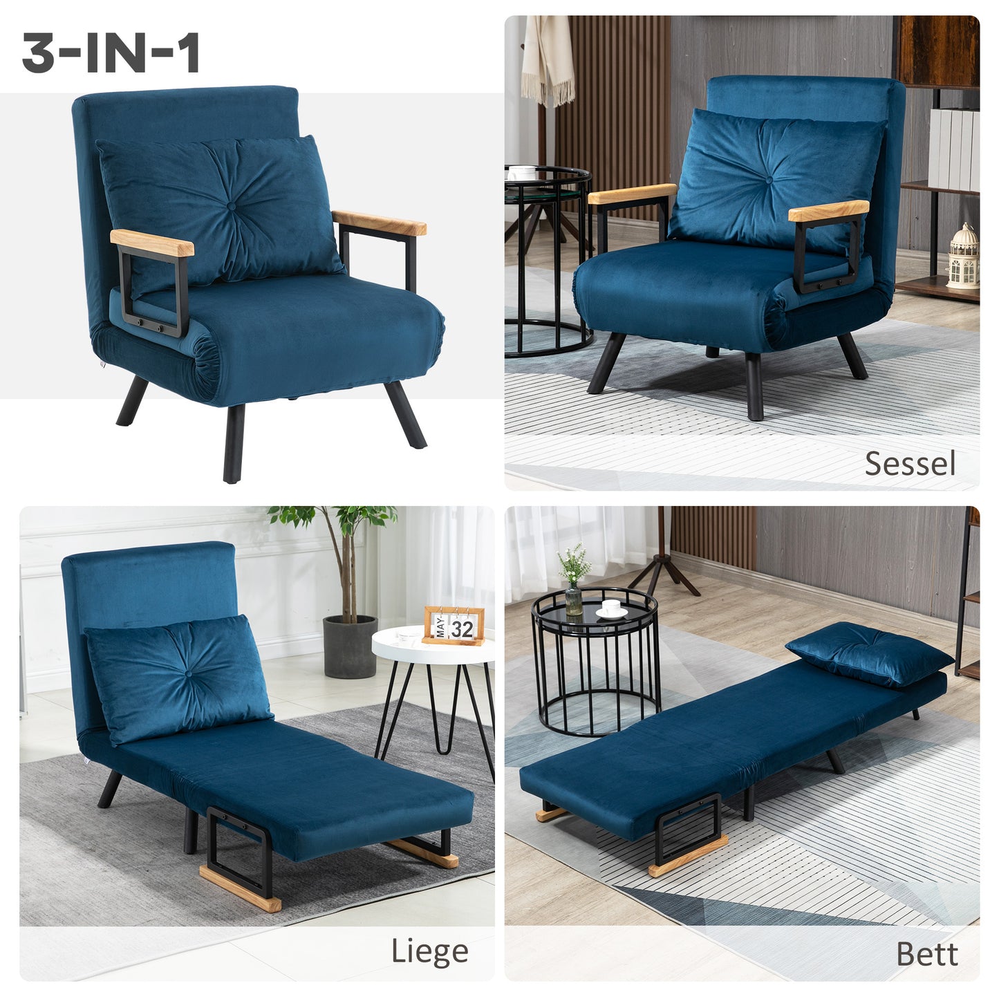 Relaxfauteuil – Relaxstoel – Loungefauteuil – Leesstoel – Scandinavische Stoel – Blauw – Verstelbare Rugleuning – Button-Tufted Kussens