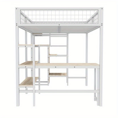 Bedframe – Hoogslaper – Stellingbed – Bedframe Met Opbergladders – Metalen Bed – Wit – 140x200 cm – Duurzaam Metalen Frame – Ruimtebesparend Design