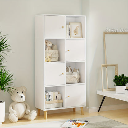Boekenkast – Boekenrek – Opbergkast – Vakkenkast – Wandkast – Wit Hout – 4 Deuren & 8 Vakken – 64,5x30x140,5 cm – Vrijstaand & Stevig