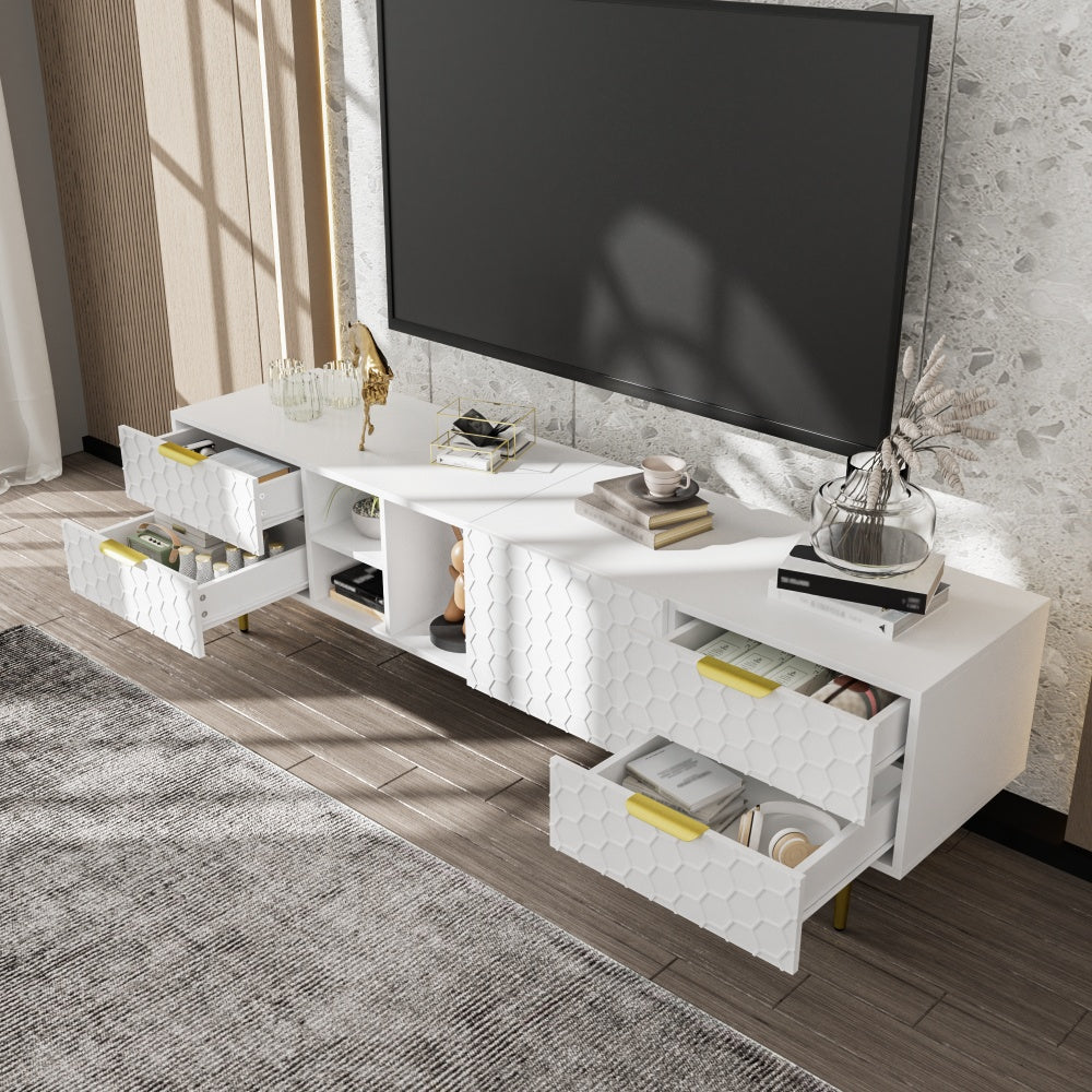 Tv-meubel – Tv-kast – Media Meubel – Entertainment unit – Woonkamermöbel – Wit met Gouden Accenten – Duurzaam Niet-houten Materiaal – Laag Profiel met Veel Opbergruimte