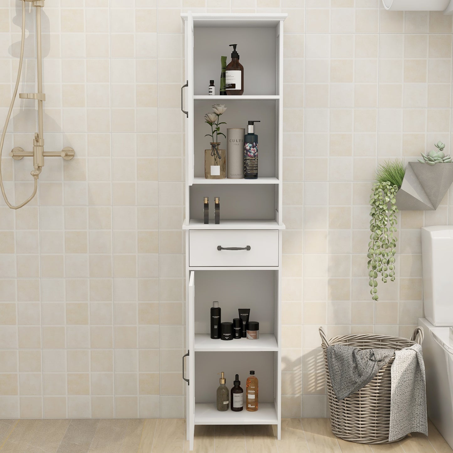 Modern Wit Vloerkastje – Vloerkast – Badkamerkast – Opbergkast – Dubbele Deuren – Bamboe Materiaal – 165x40x30 cm – Eenvoudige Montage – Duurzaam