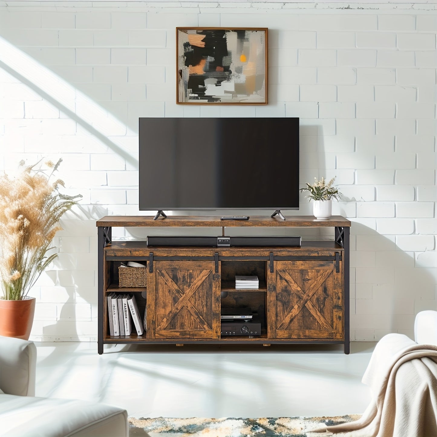 Stand Cabinet, 165.1 cm TV Stand, with Adjustable Shelves, Barn Doors, Farmhouse Design, Metal Frame