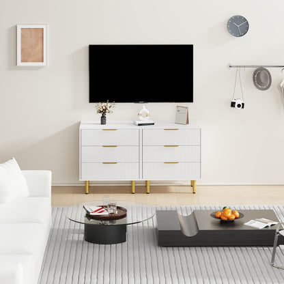 White & Golden Modern 3-Drawer Dresser - Compact Fluted Cabinet with Golden Accent Legs & Knobs, Space-Saving Wood-Like (No Assembly Issues) - Small Chest of Drawers for Bedroom, Living Room, Entryway, Bedside Table/Nightstan