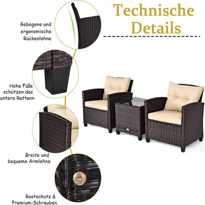 Tuinset – Rattan Tuinmeubelen – Polyrattan Zitgroep – Bistroset – Loungeset – 3-delig – Weerbestendig Stalen Frame – Inclusief Zitkussens en Glazen Tafelblad