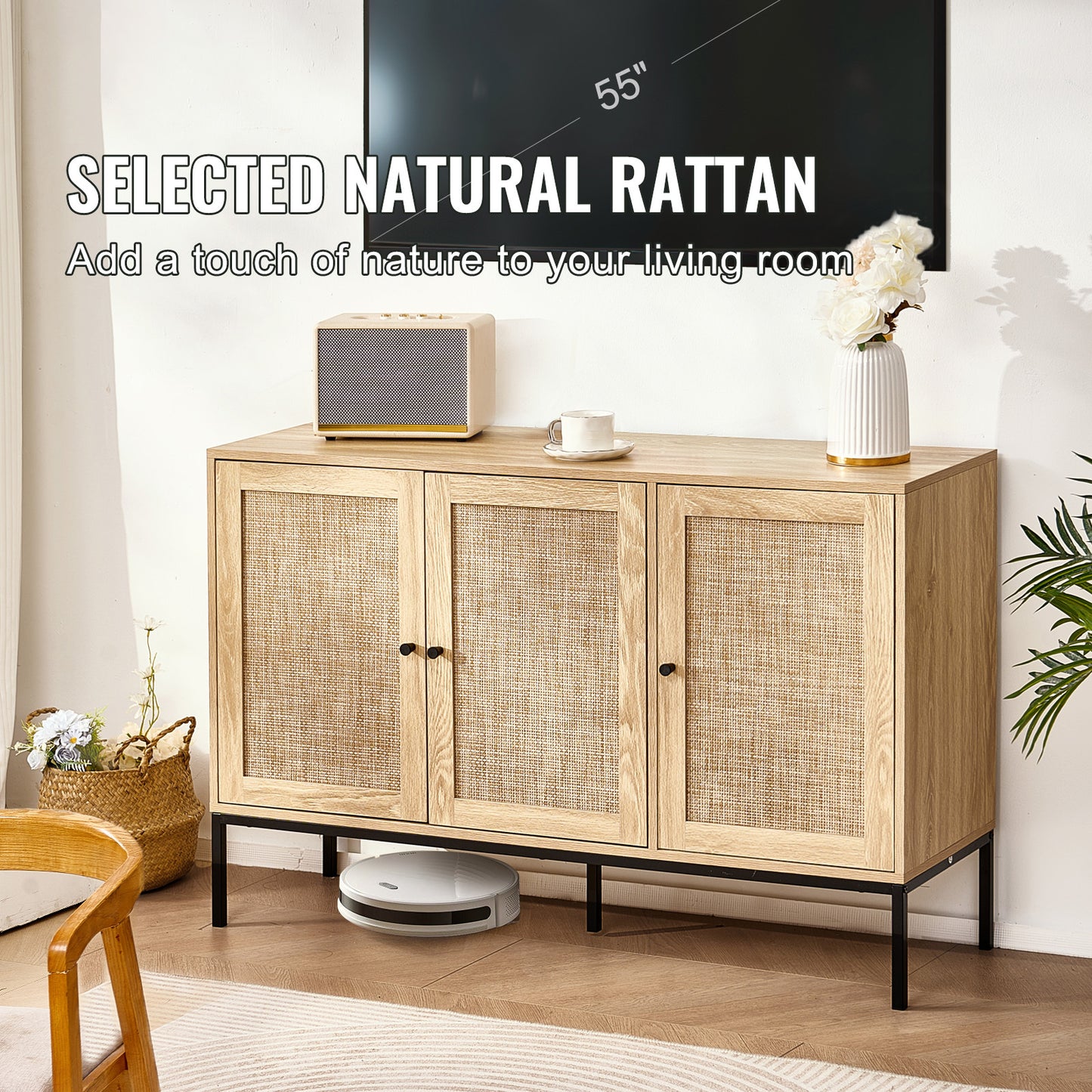 Rotan kast – Rattan kast – Opbergkast – Dressoir – Ladekast – Handgevlochten deuren – Verstelbare planken – 120 cm breed – Natuurlijk materiaal