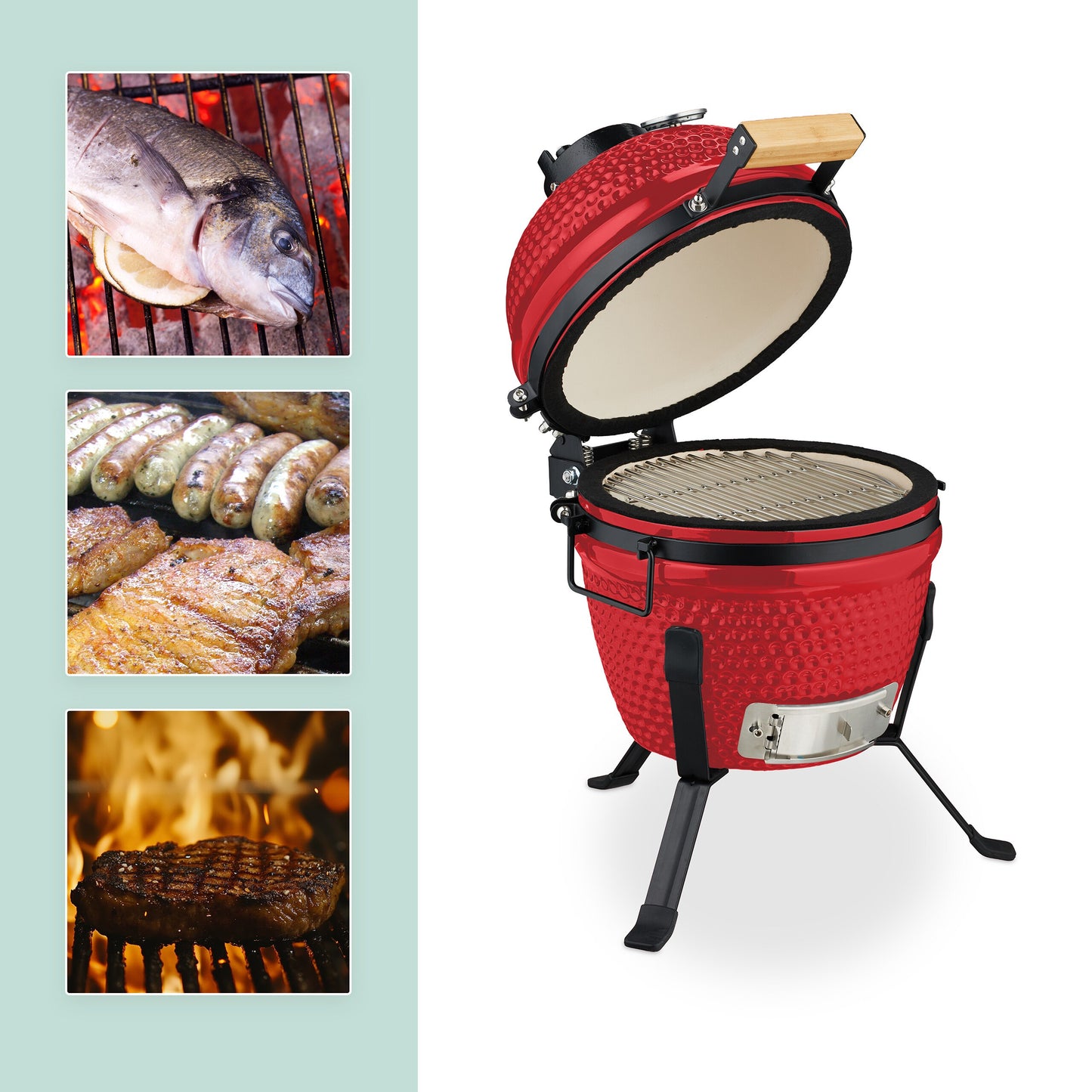 Kamado Grill – Barbecue – Keramische BBQ – Houtskoolbarbecue – Buitenkeuken – Groen – Ø 32 cm – Ingebouwde Thermometer – Energiezuinig Grillen