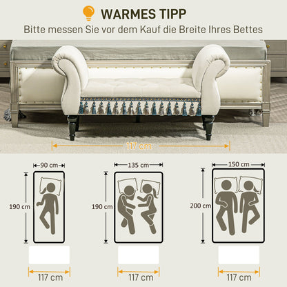 Ottomaan – Bankje – Zitbank – Voetenbank – Vintage Bench – Beige – Stevig Rubberhout – Comfortabele Velvet Bekleding – 150 Kg Draagkracht – 117x40x58 cm