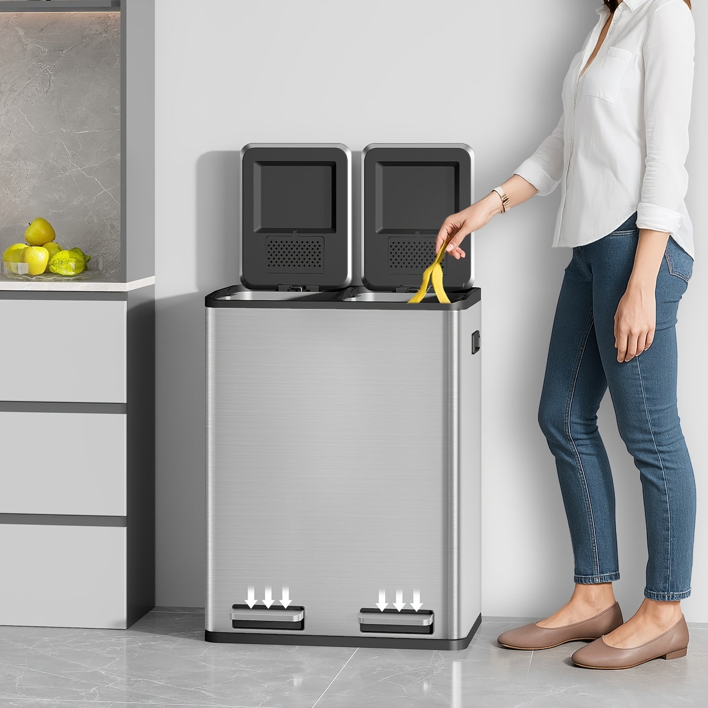 Afvalbak Keuken – Prullenbak – Vuilnisbak – Afvalemmer – Pedaalcontainer – RVS Dubbele Afvalbak 60L – Geruisloze Slow-Close Deksel – Inclusief 15 Afvalzakken