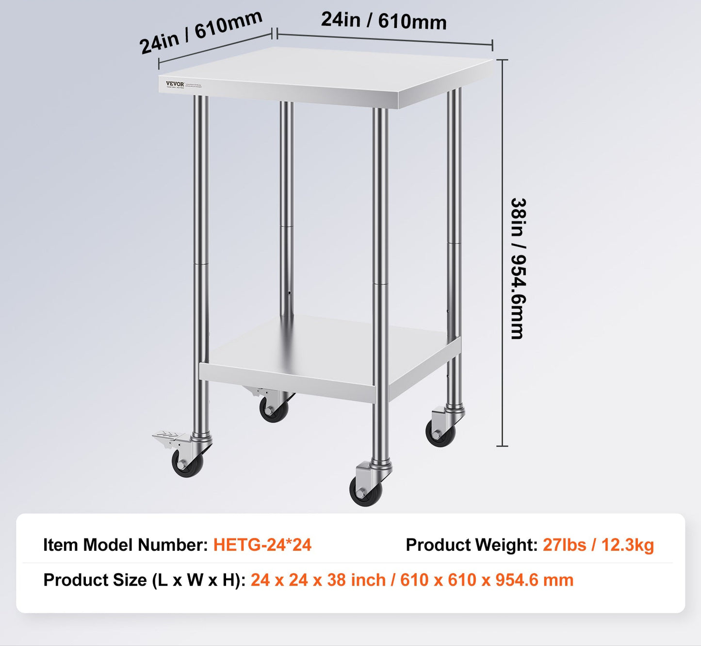 RVS Werktafel – Werkbank – Keukentafel – Inpaktafel – Werkoppervlak – Roestvrij Staal – 60x60 cm – 4 Zwenkwielen Met Rem