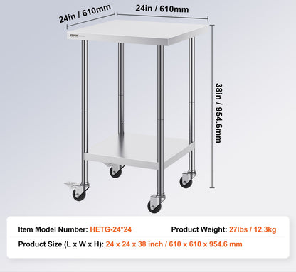 RVS Werktafel – Werkbank – Keukentafel – Inpaktafel – Werkoppervlak – Roestvrij Staal – 60x60 cm – 4 Zwenkwielen Met Rem