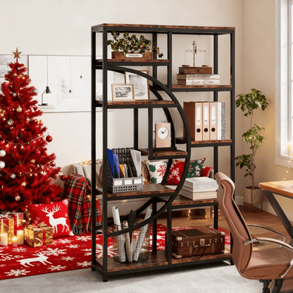 5-Tier Industrial Bookcase with 9 Open Shelves - Heavy-Duty Wood & Metal Freestanding Storage Shelf, Rustic Brown/Black Modern Bookshelf for Home Office,, Bedroom - Easy Assembly, Space-Saving Tall Bookcase (68.58cm+ Height)