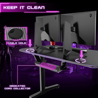 Gaming Bureau – Game Bureau – Gaming Desk – Computerbureau – Werkplek – Ergonomisch Design – Volledig Carbon Fiber Muismatoppervlak – Bekerhouder en Headset Haak – Zwart Met Blauwe Accenten – 160x75x75 cm