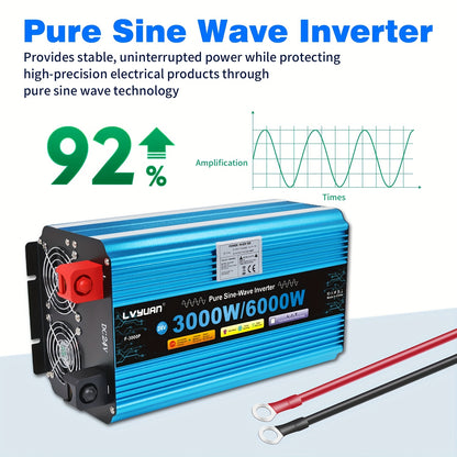 Power Inverter – Spanningsomzetter – Omvormer – DC naar AC Converter – 12V Variant – Pure Sinusgolf – 3000W Continuvermogen – 2 AC Stopcontacten – LED Display – Metalen Behuizing