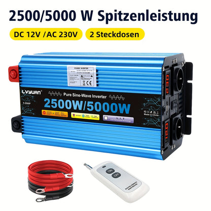 Zuivere Sinus Omvormer – Stroomomzetter – Spanning Converter – DC naar AC Inverter – Autoinverter 12V 2500W – LED Display – 2 Stopcontacten & USB Poorten