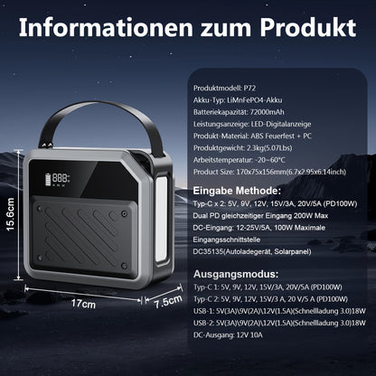 Draagbare Zonnestroomcentrale – Powerstation – Mobiele Accu – Noodstroomvoorziening – Outdoor Powerbank – 270Wh – 2x 100W USB-C PD Snelladen – Lithium LiMnFePO4 Batterij met Spotlight