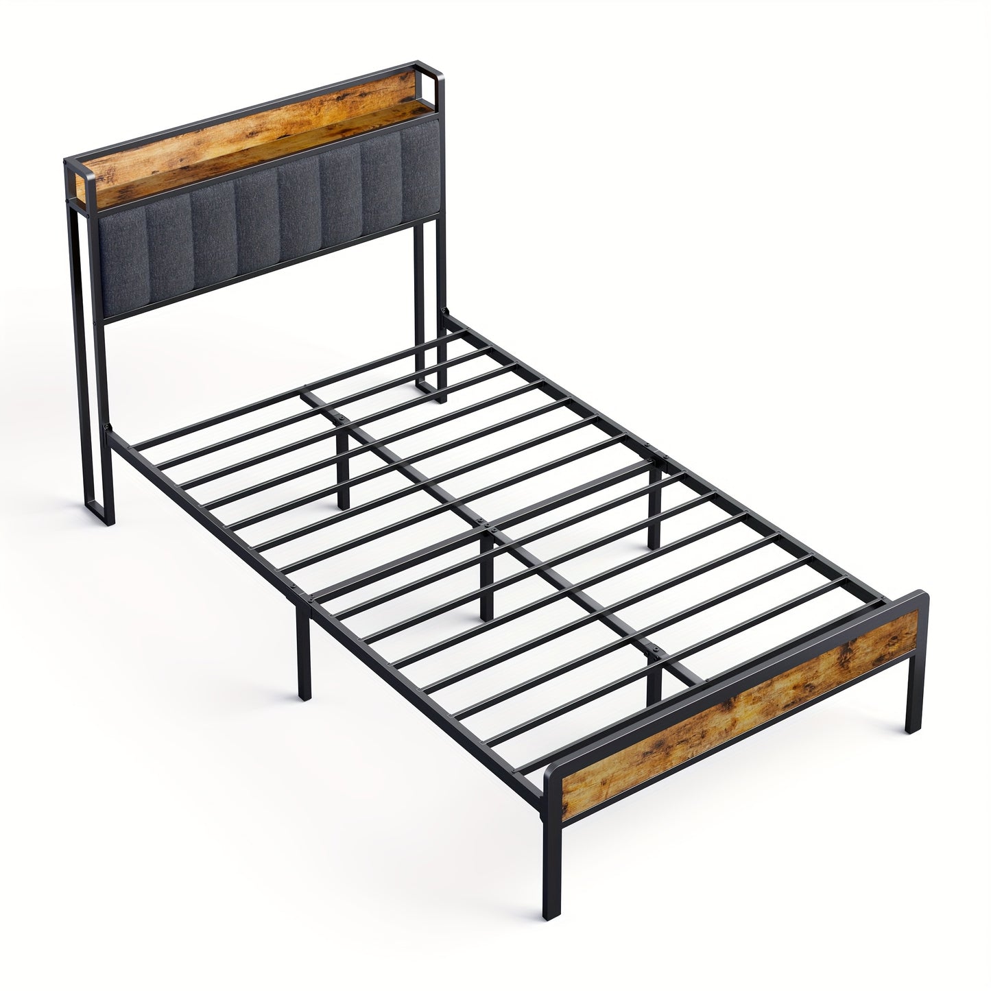 Bedframe – Bedombouw – Houten Bed – Gestoffeerd Bed – Metalen Bedframe – Donkergrijs – 120 x 200 cm – Stevige Metalen Constructie – Massief Houten Lattenbodem