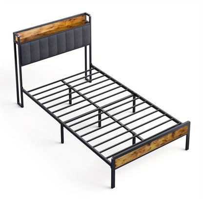 Bedframe – Bedombouw – Houten Bed – Gestoffeerd Bed – Metalen Bedframe – Donkergrijs – 120 x 200 cm – Stevige Metalen Constructie – Massief Houten Lattenbodem