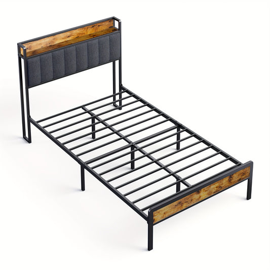 Bedframe – Bedombouw – Houten Bed – Gestoffeerd Bed – Metalen Bedframe – Donkergrijs – 120 x 200 cm – Stevige Metalen Constructie – Massief Houten Lattenbodem