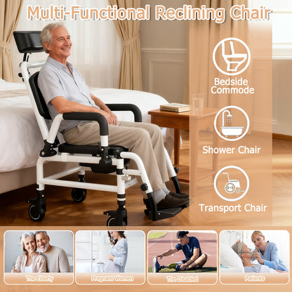 Reclining Shower Chair With Wheels, Mobile Shower Chair With Thickened Soft Seat Cushion, Backrest And Flip-up Armrests, Extra-wide Seat, 90°-140° Adjustable Tilt Bedside Commode Chair, Suitable For The Elderly And Disabled