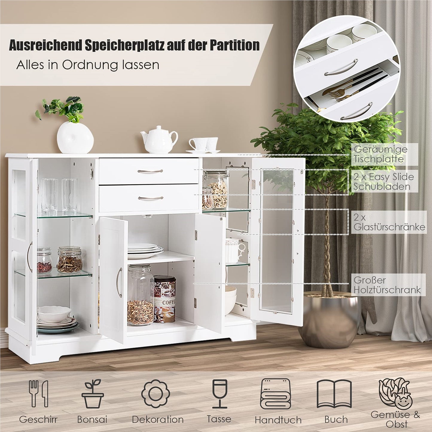 Dressoir – Sideboard – Kast – Buffetkast – Opbergkast – Wit – Temperglas Deuren – MDF 107x30x82 cm