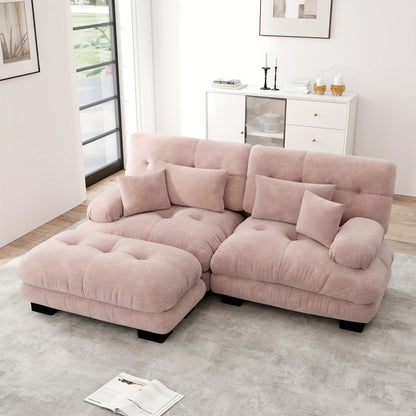 Living Room Cloud Corner Sofa, Chenille Loveseat with 2 Lumbar Cushions And 2 Decorative Pillows, Upholstered Sofa with Wide Armrests And Footstool