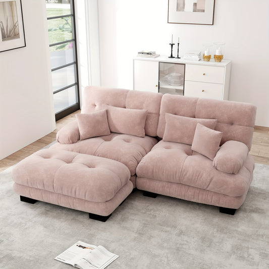 Living Room Cloud Corner Sofa, Chenille Loveseat with 2 Lumbar Cushions And 2 Decorative Pillows, Upholstered Sofa with Wide Armrests And Footstool