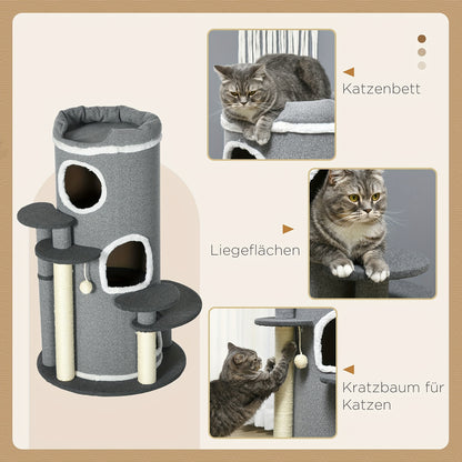 Krabpaal – Kattenklimrek – Kattenmeubel – Kattenhuis – Krabmeubel – 99 cm Hoog – Stevig Spaanplaat – Inclusief Kattenbed & Speelbal – Grijs