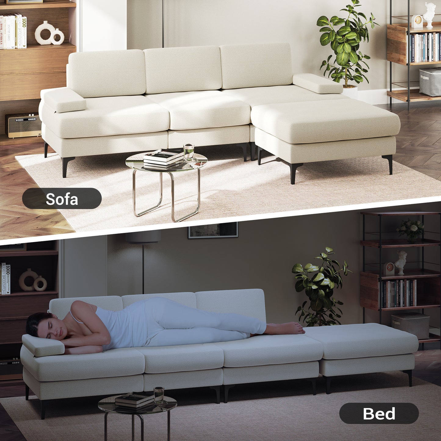 3-zits L-vormige hoekbank – hoekbank – slaapbank – zitbank – loungesofa – Beige – Verstelbaar Met Opberghocker – Hardhouten Frame Met Makkelijk Schoon Te Maken Stof
