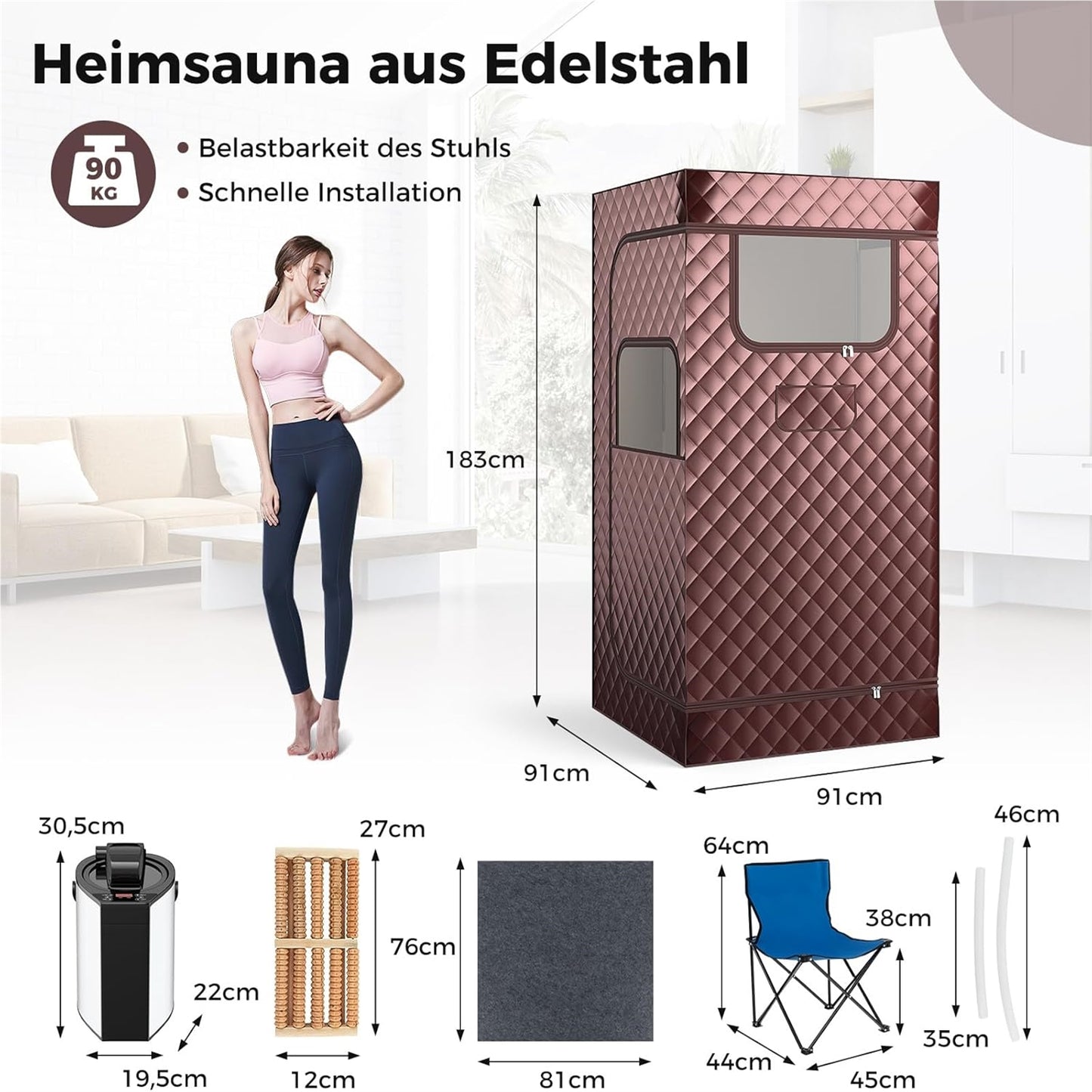 Sauna Tent – Stoombad – Infrarood Sauna – Wellness Tent – Home Spa – Instelbare Temperatuur 35-63°C – Inclusief Stoel en Voetmassager Bruin