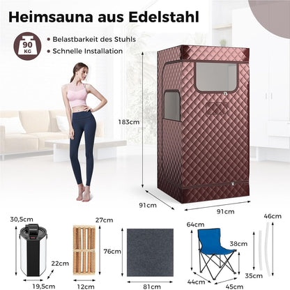 Sauna Tent – Stoombad – Infrarood Sauna – Wellness Tent – Home Spa – Instelbare Temperatuur 35-63°C – Inclusief Stoel en Voetmassager Bruin