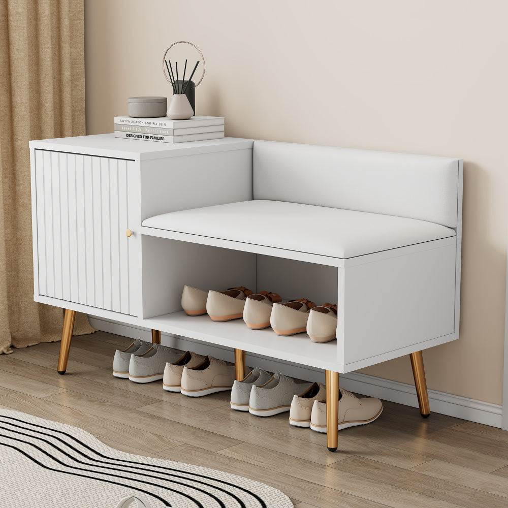 Schoenenbank – Schoenenkast – Schoenenrek – Halbank – Opbergmeubel – Wit Met Gouden Accenten – Comfortabel Gestoffeerd Zitvlak – Stevig Metalen Onderstel