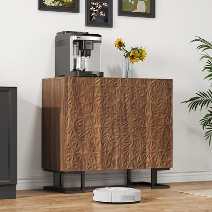 BTM Sideboard Cabinet 80X40X78 Cm Dark Walnut Optics with Leaf Relief, Push-To-Open Doors, Metal Legs 15 Cm, Modern Sideboard with Tilt Protection for Living Room, Dining Room & Hallway