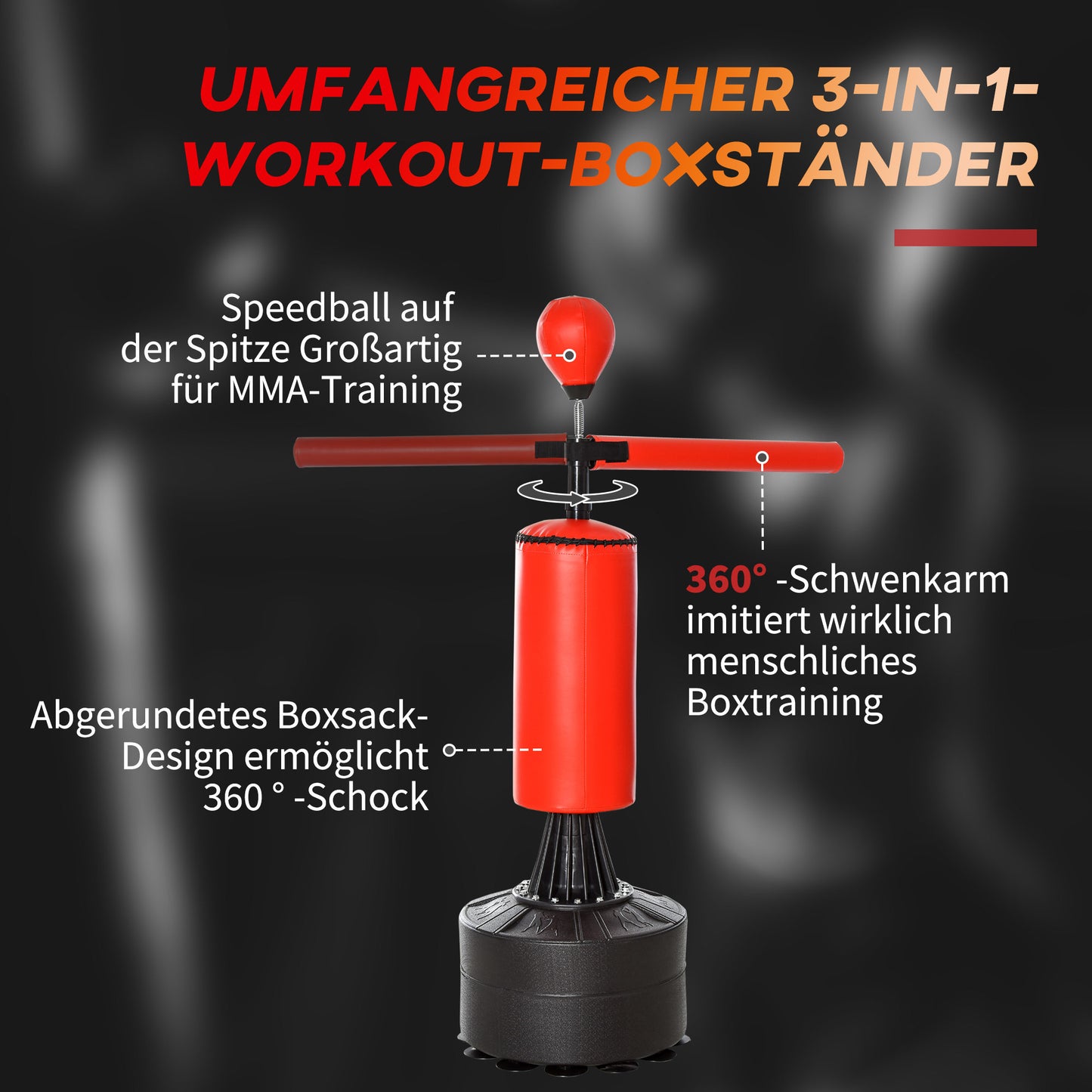 Bokszak Standaard – Bokspaal – Boksbal – Bokstrainer – Punching Bag – Verstelbare Hoogte 155-205 cm – 360° Draaibare Reflexbal