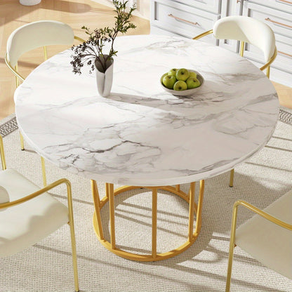 Ronde Eettafel – Ronde Tafel – Eetkamertafel – Keukentafel – Tafel – MDF Marmeren Blad – Gouden Metalen Poot – 80x80x76 cm – Voor 4-6 Personen