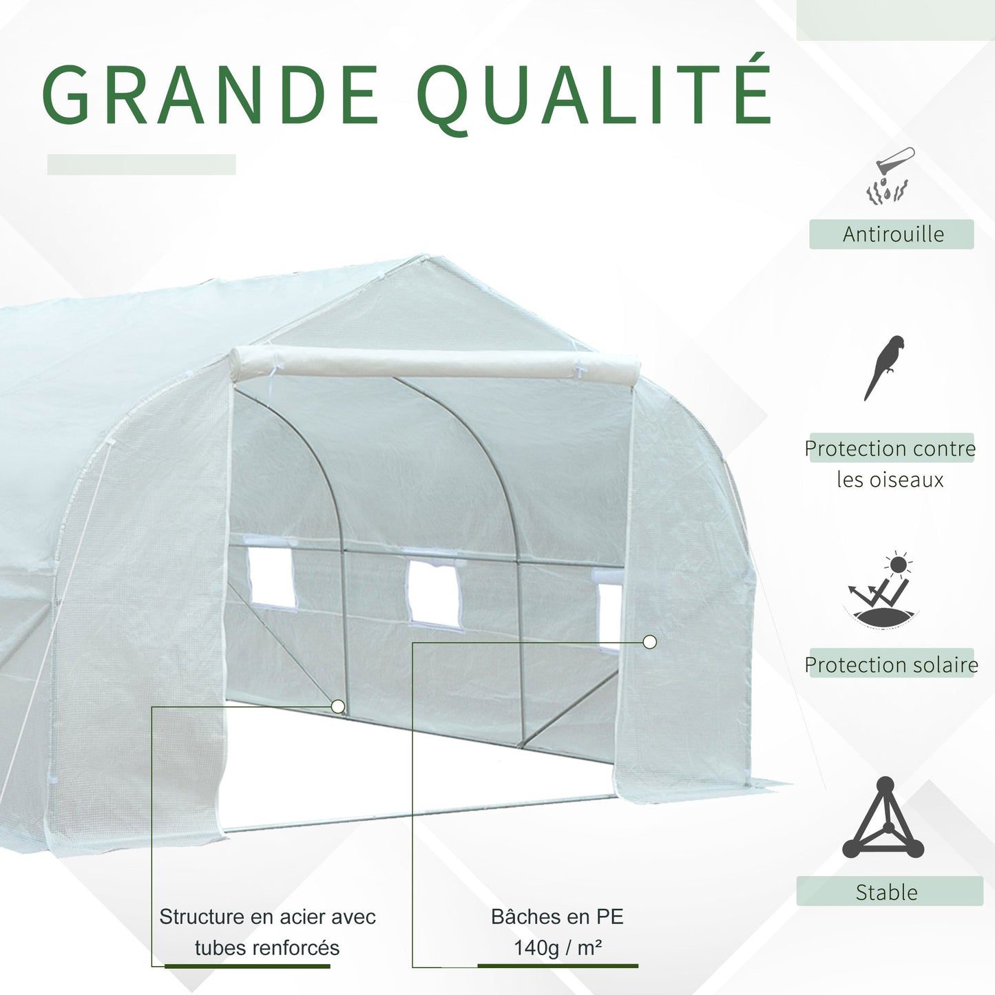 Kas – Tuinkas – Tunnelkas – Kweekkas – Serre – Stevig Gegalvaniseerd Stalen Frame – Waterdichte UV-bestendige PE-Folie 140 g/m² – Afm. 4,5 x 3 x 2 m – 6 Oprolbare Ramen Met Muskietennet – Witte Variant