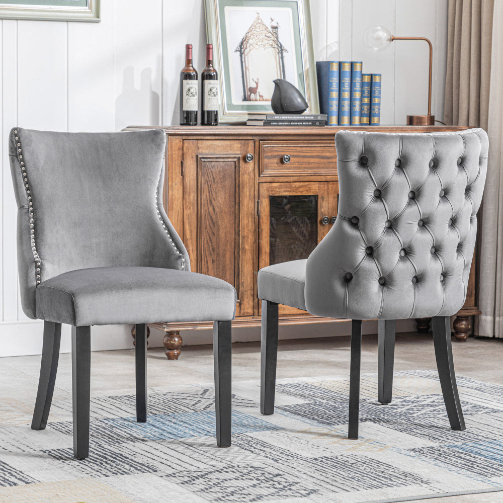 Eetkamerstoel – Stoel – Kuipstoel – Woonkamerstoel – Designstoel – Set Van 2 – Grijs Fluweel – Metalen Frame – Nagelrand & Button Stitching – Onderhoudsvriendelijke Bekleding