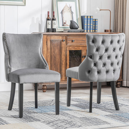Eetkamerstoel – Stoel – Kuipstoel – Woonkamerstoel – Designstoel – Set Van 2 – Grijs Fluweel – Metalen Frame – Nagelrand & Button Stitching – Onderhoudsvriendelijke Bekleding