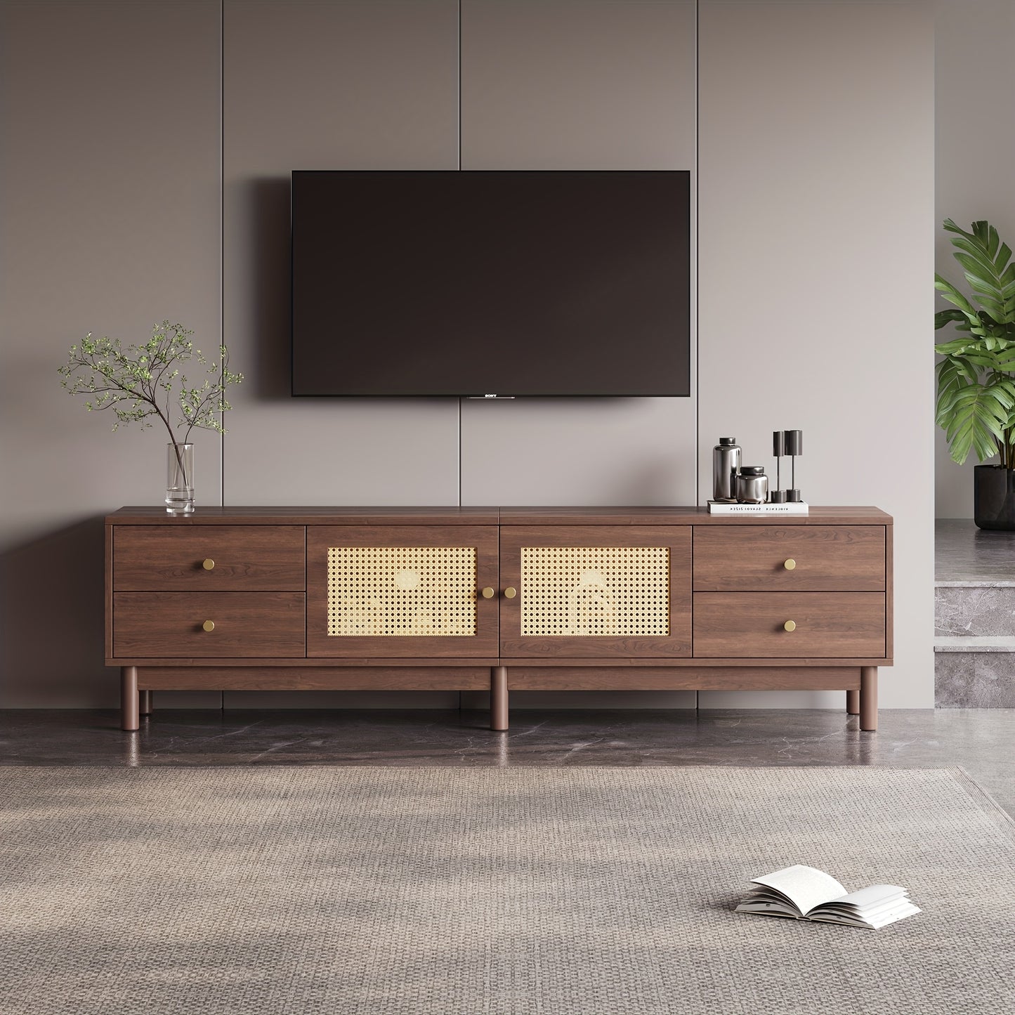 Tv-meubel – Tv-standaard – Tv-kast – Tv-buffet – Donker Hout – Rieten Deuren – 179,83 cm Breed – Hydraulische Scharnieren & Kabelmanagement