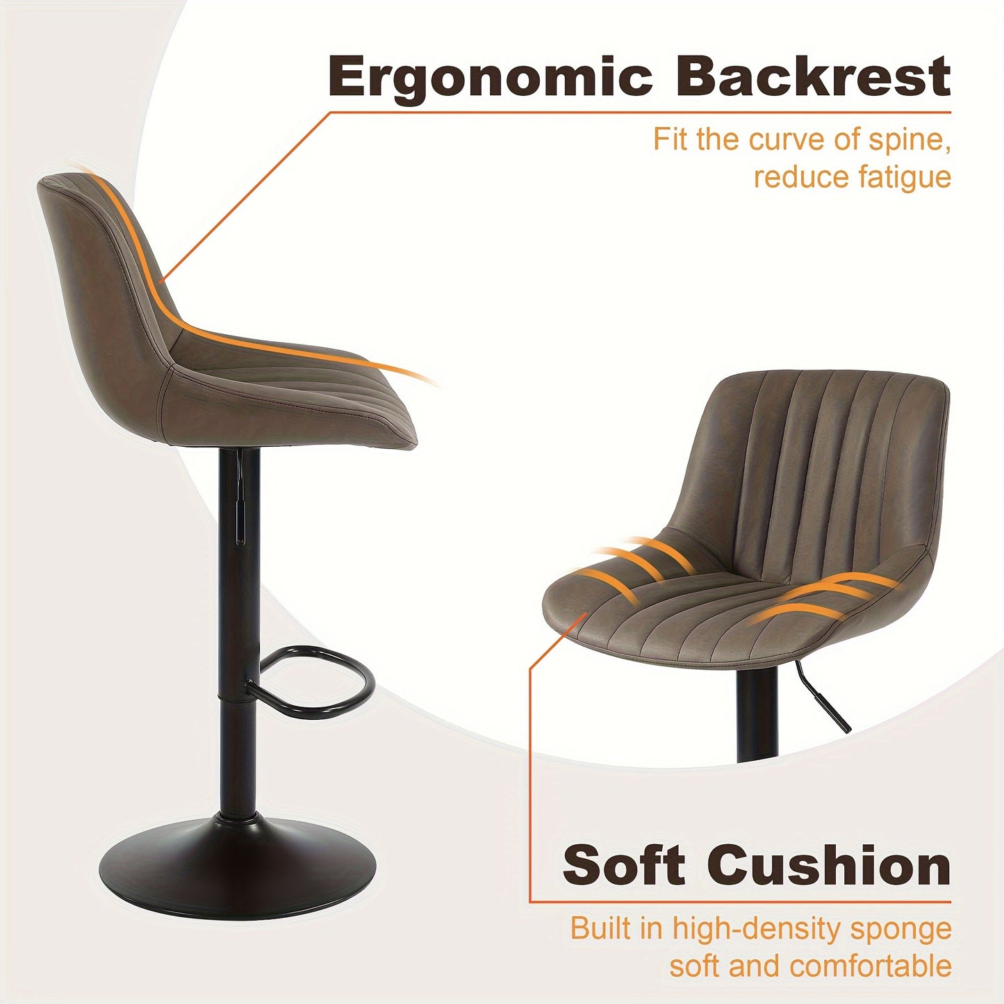 Barkrukken – Barstoelen – Keukenkrukken – Ontbijtbarstoelen – Draaistoelen – Set van 2 – Verstelbare Hoogte – PU-Leren Zitting Bruin