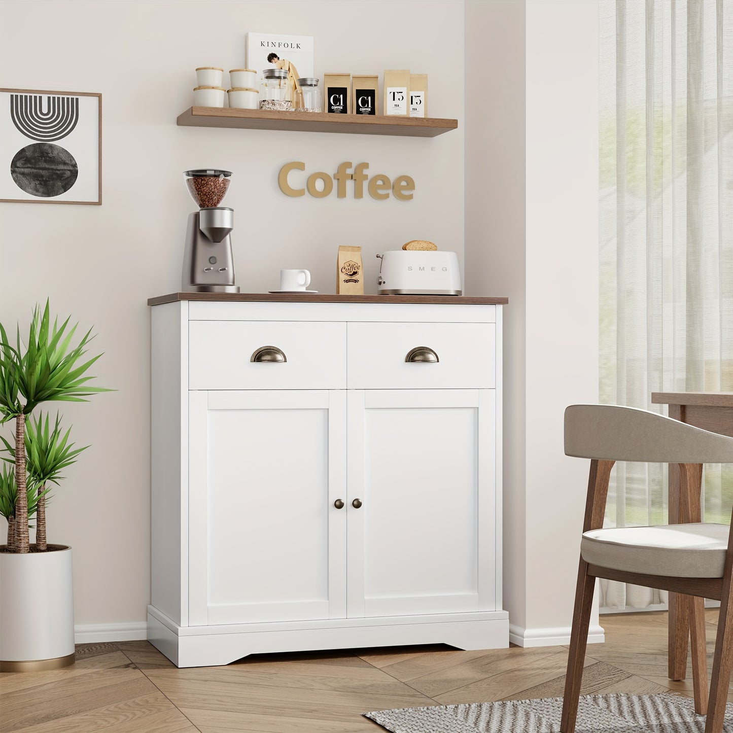 Dressoir – Sideboard – Opbergkast – Kast – Wandmeubel – Wit Gelakt – 80x40x90 cm – MDF & Composiethout – Verstelbare Planken – 2 Grote Lades