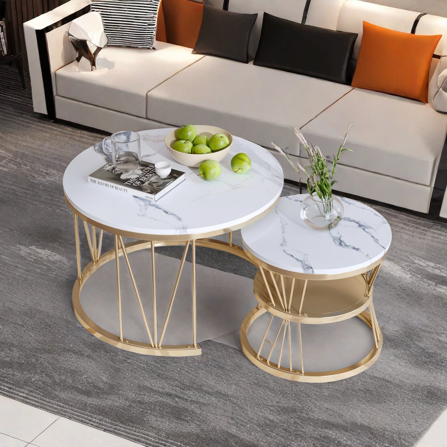 Salontafel Set – Moderne Ronde Tafels – Bijzettafel – Lage Tafel – Woonkamer Tafel – Gouden Metalen Frame – Wit Marmerblad – Nestbaar & Ruimtebesparend – Lichtgewicht & Makkelijk Verplaatsbaar