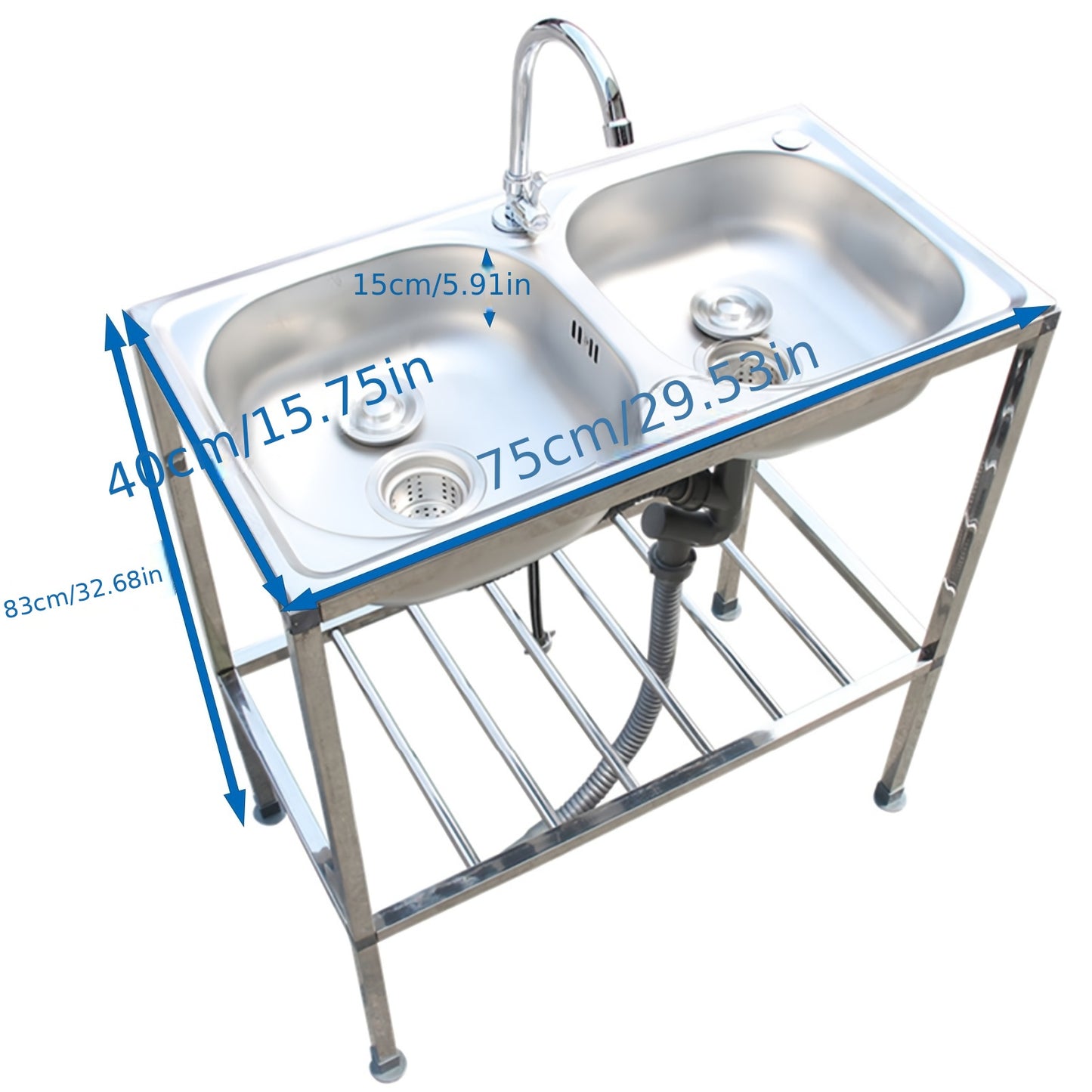 SIZE:75x40x83cm Freestanding Sink, 2 Basins, Bathroom Basin, Lavatory Sink With Hot And Cold Water Taps, Suitable For Kitchen, Outdoors, Camping, Garden, Garage